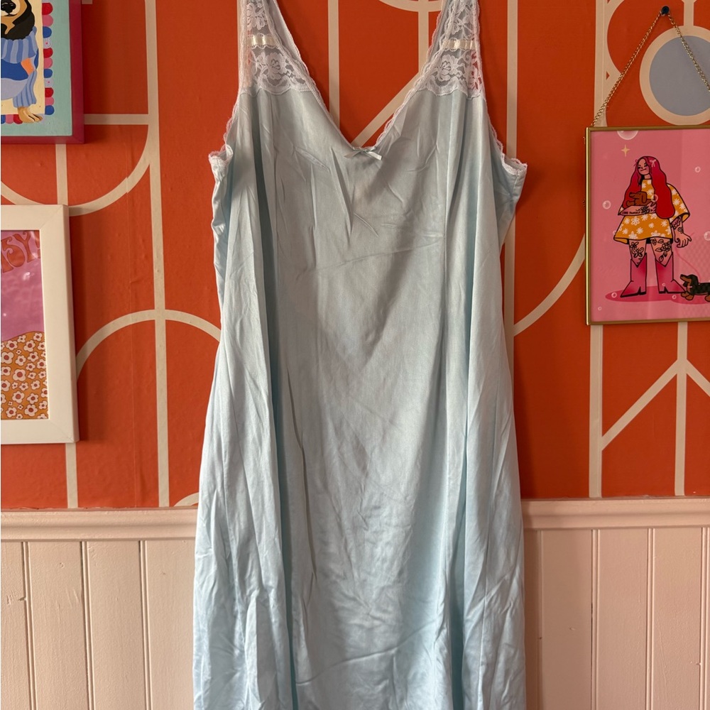 Elegant Blue Lace Trim Slip Dress